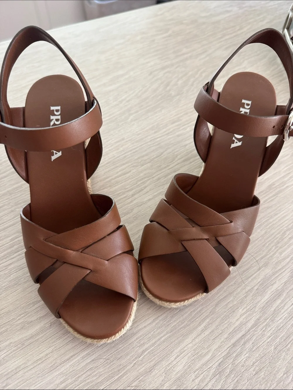 Prada Brown Leather espadrille Sandals with silver buckle. Worn once!